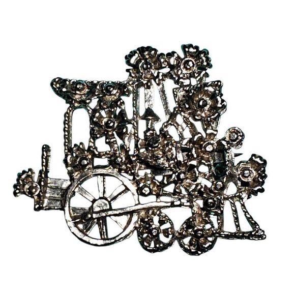 Vintage Silver Tone Train Engine Flowers Pin Brooch - Picture 1 of 5